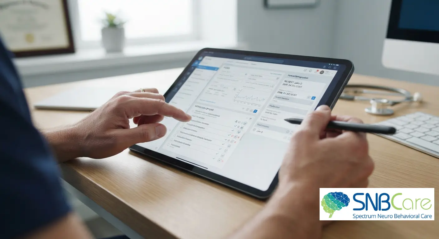 Psychiatric provider reviewing psych medication options securely on an encrypted digital tablet