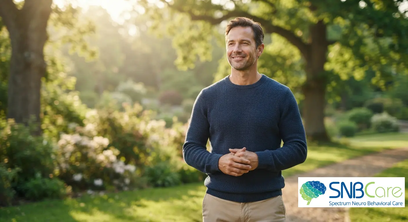 Adult man smiling outdoors, representing holistic mental health wellness and private psychiatric care