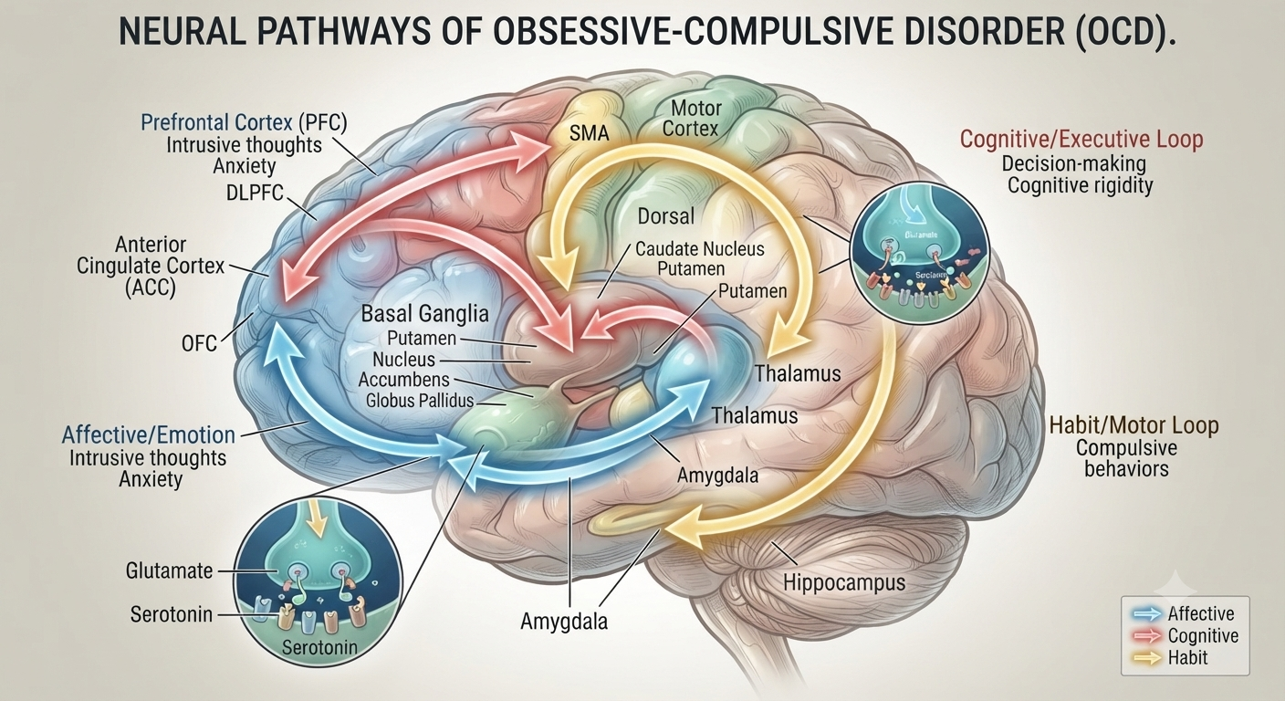 Brain science illustration showing neural pathways associated with Obsessive-Compulsive Disorder
