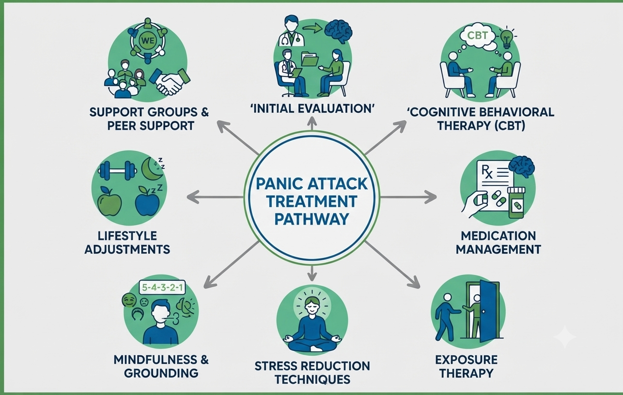 Panic Attack Treatment Pathway Infographic showing Initial Evaluation, CBT, Medication Management, Exposure Therapy, Stress Reduction, Mindfulness, Lifestyle Adjustments, and Support Groups.