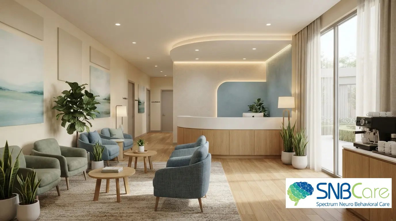 Modern, welcoming psychiatric clinic interior at SNBCare focusing on patient privacy