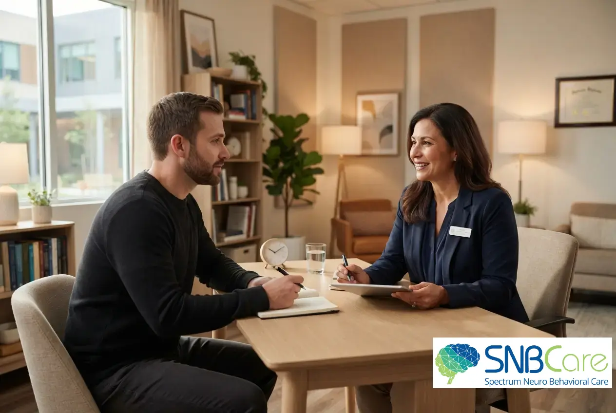 Psychiatric provider at SNBCare discussing psych medication management confidentially with an adult patient