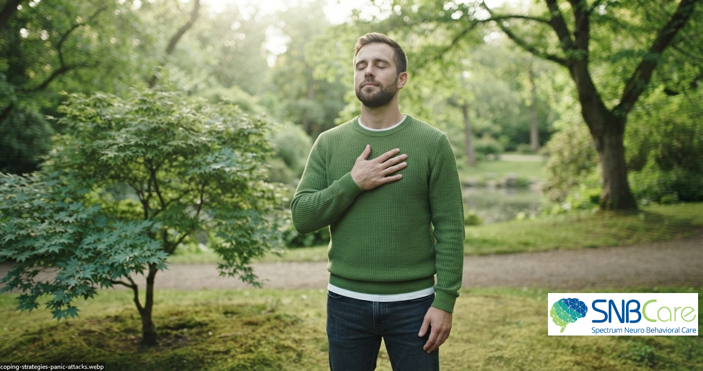 Adult practicing deep breathing and grounding techniques for panic attacks