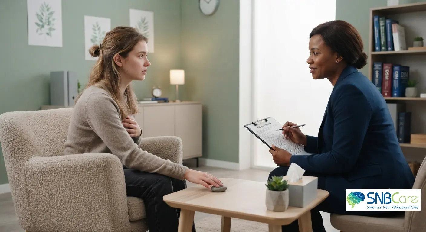 Patient undergoing a psychiatric evaluation for Obsessive-Compulsive Disorder in a modern clinic