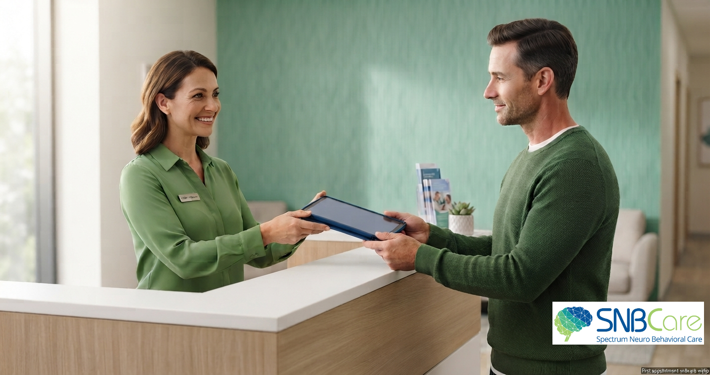 Adult arriving at a clinical office for an initial psychiatric evaluation