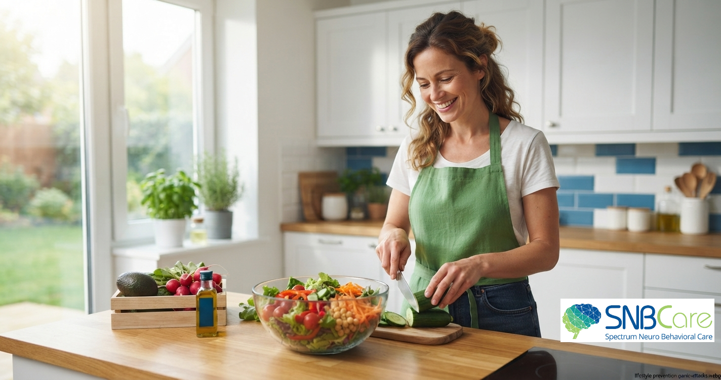 Adult woman preparing a healthy meal to support mental health and anxiety management.