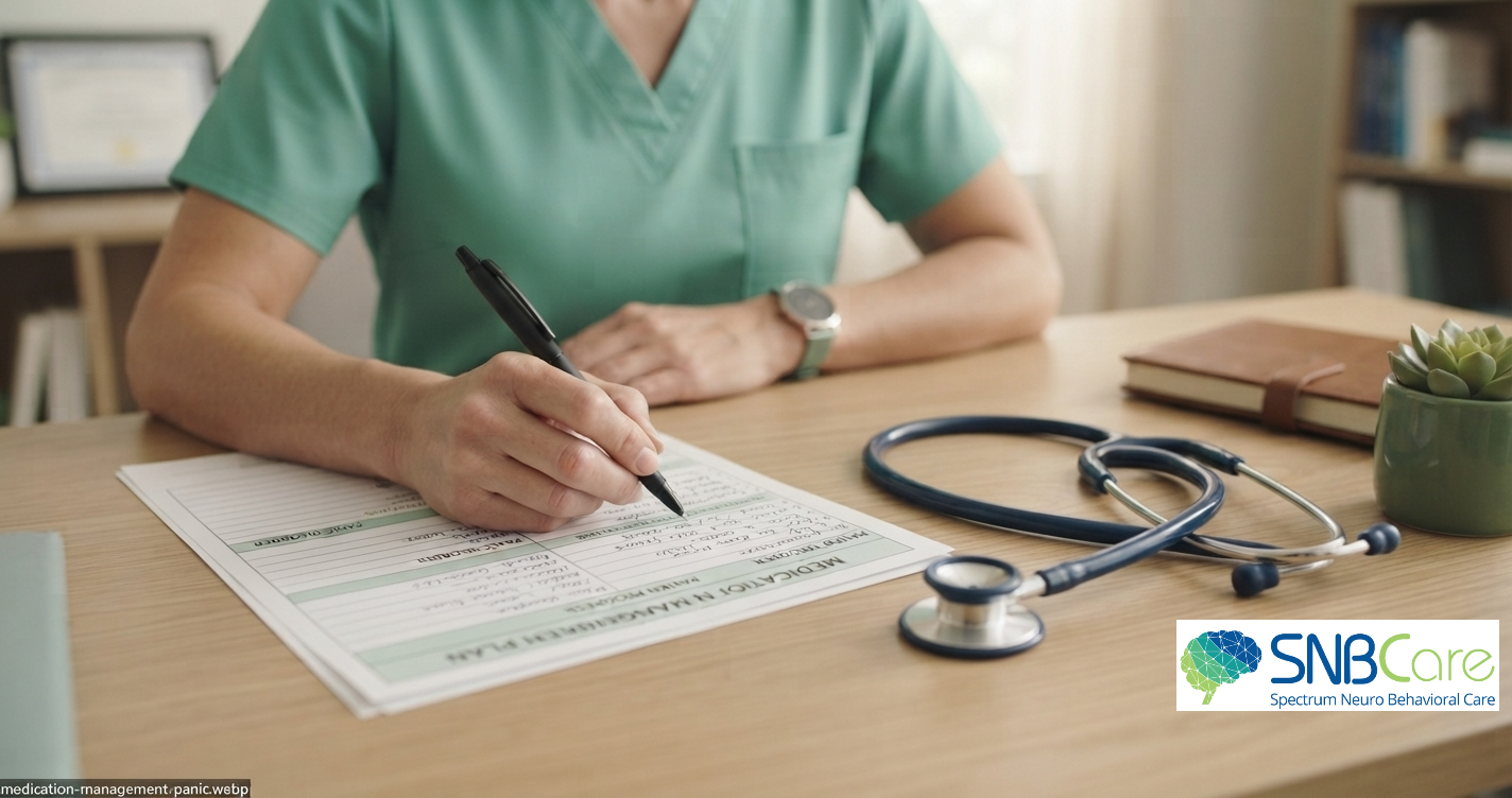 Psychiatric provider reviewing a medication management plan with an adult patient