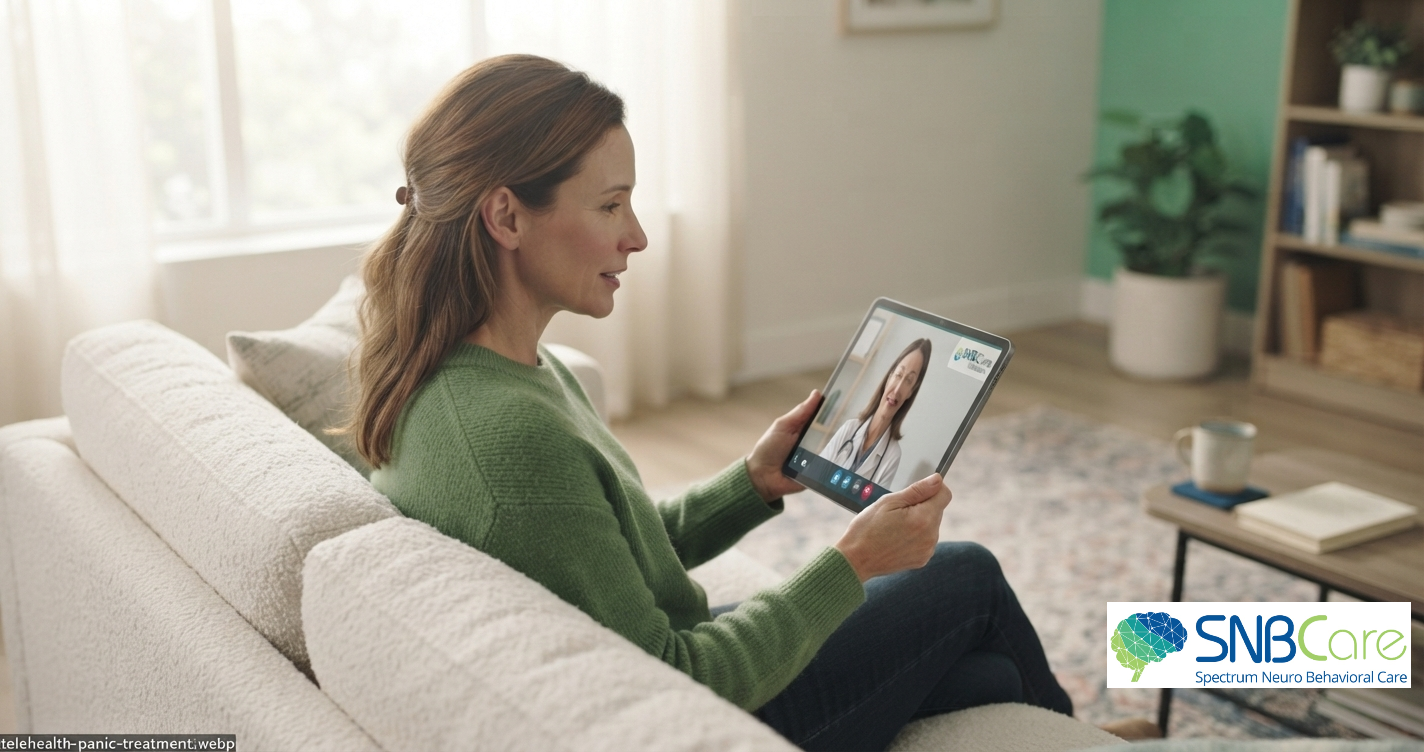 Adult utilizing telehealth services for panic attack treatment at home.